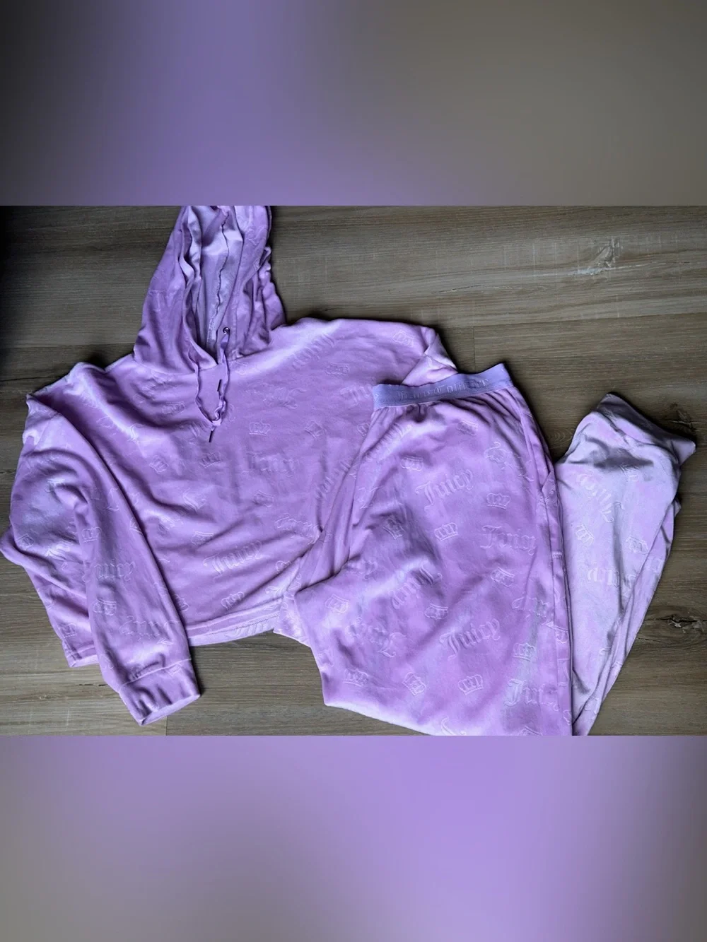 Juicy Couture Velour Tracksuit Set Lilac Pink Embossed Logo Crop Hoodie Pants M